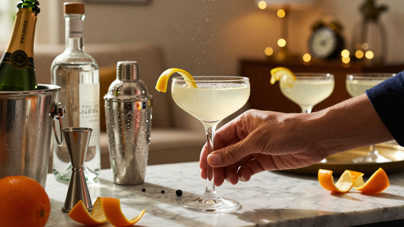 Pessoa segurando copo de cocktail com rodelas de limão, à mesa com ingredientes e utensílios de bar.
