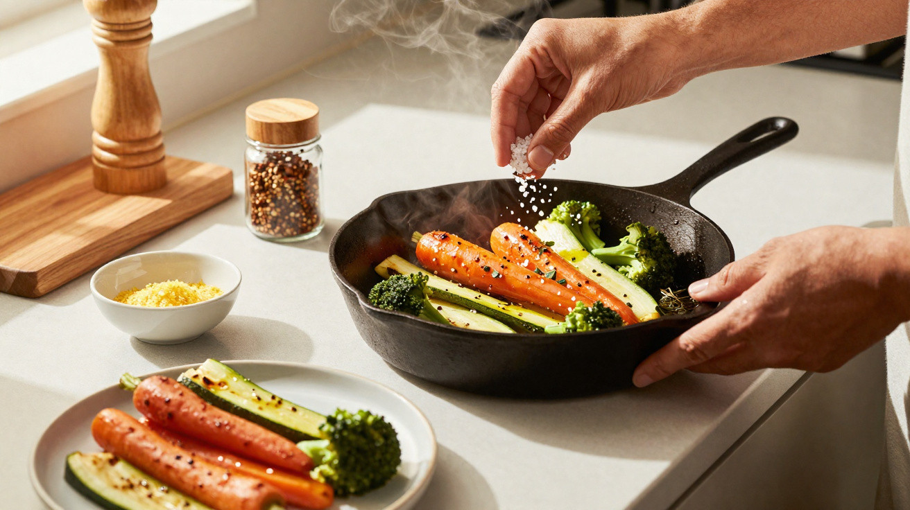 Pessoa a temperar legumes cozinhados numa frigideira preta, com cenouras, curgete e brócolos.
