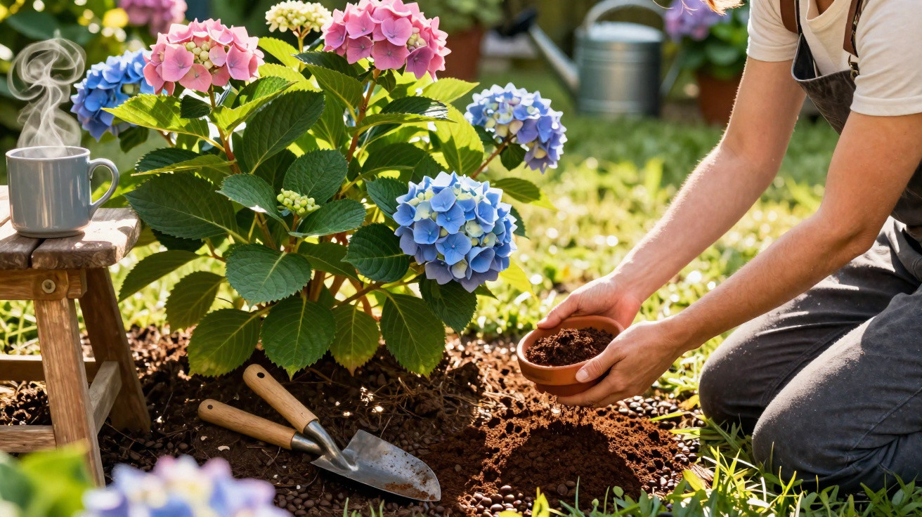 Pessoa a jardinagem perto de hortênsias coloridas com ferramentas e chá quente numa manhã ensolarada.