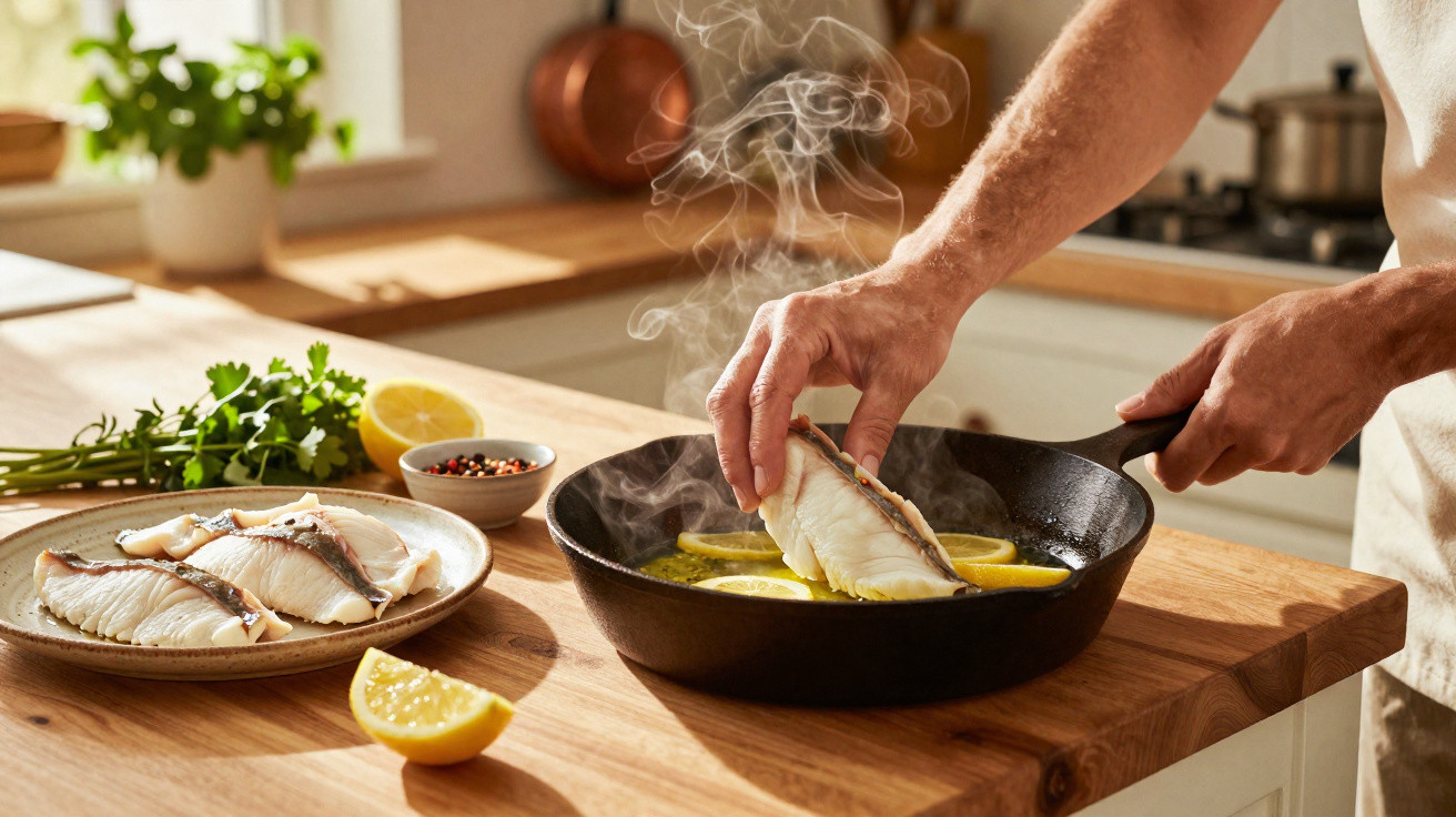Mãos a colocar lombos de peixe numa frigideira quente com limão, numa cozinha iluminada e com ervas aromáticas.