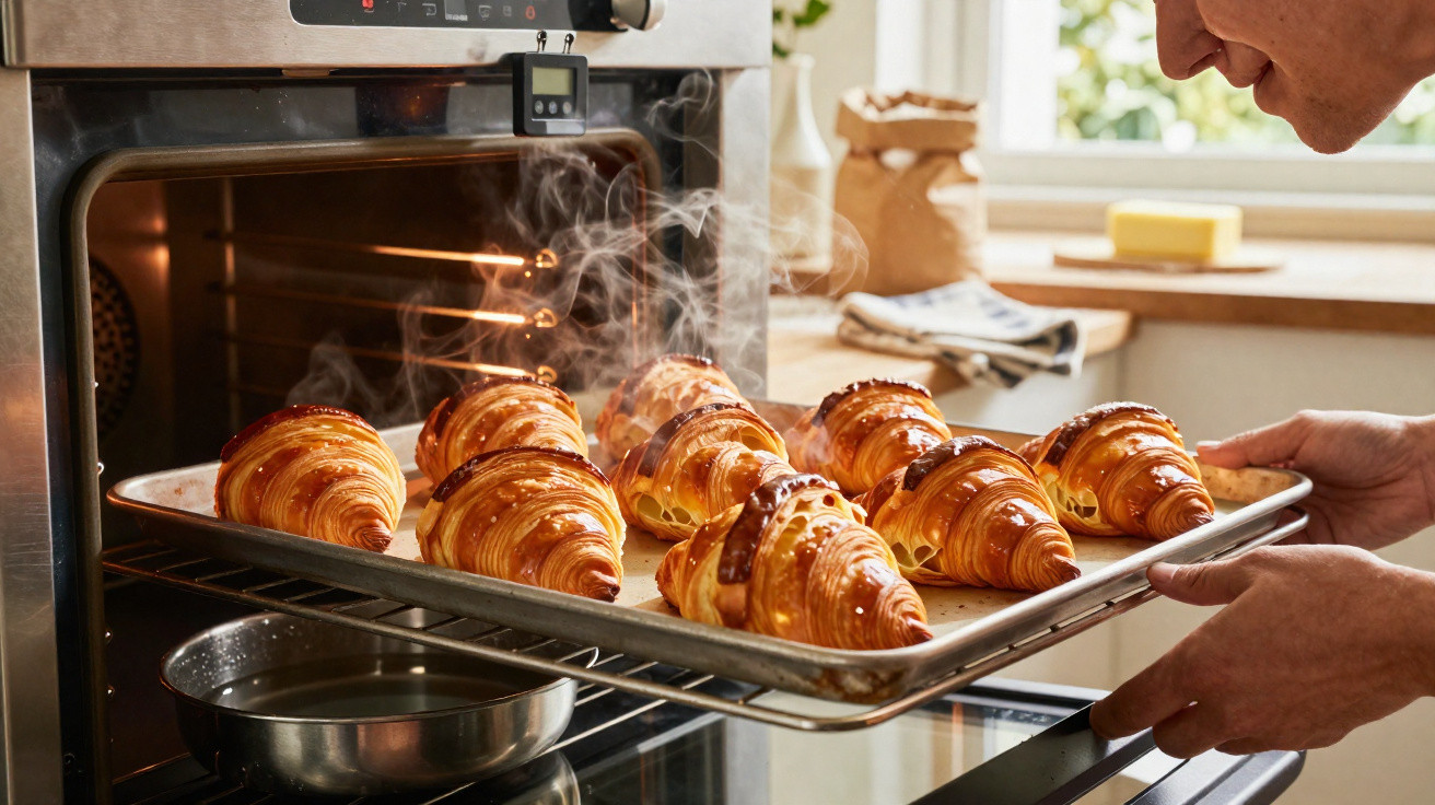 Pessoa a retirar tabuleiro com croissants quentes e fumegantes de forno doméstico aberto numa cozinha.