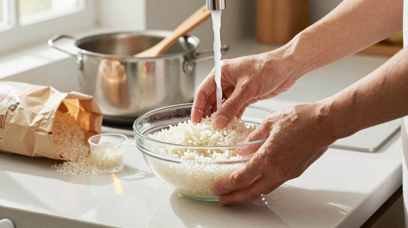 Mãos a lavar arroz numa taça de vidro sob torneira na cozinha, com panela e saco de arroz ao fundo.