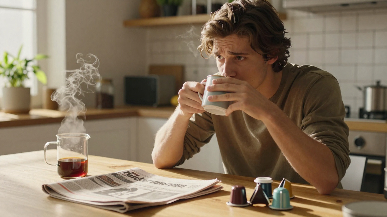 Jovem a beber café numa cozinha moderna, com chávena, jornal e cápsulas de café à sua frente.