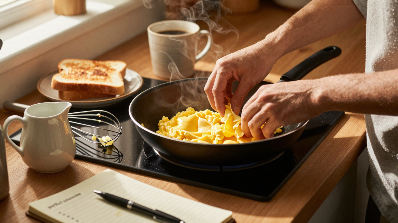 Mãos a cozinhar massa numa frigideira quente com torrada, café, jarro e caderno em cima da bancada.