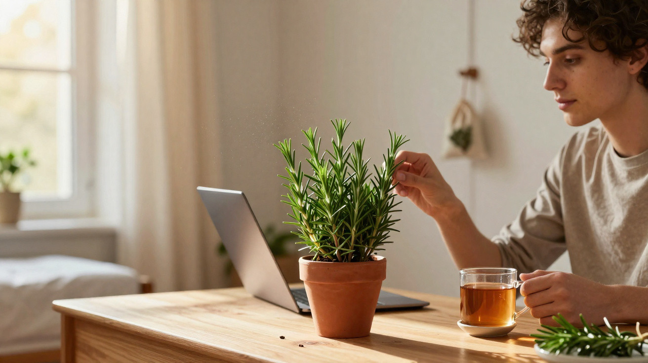 Jovem sentado à mesa com chá, mexe planta em vaso junto a computador portátil.