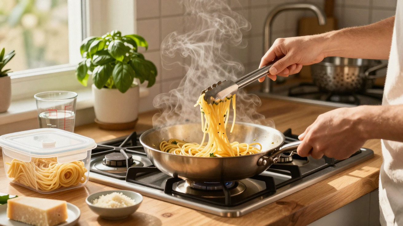 Mãos a cozinhar esparguete numa frigideira com vapor, em fogão de cozinha moderna com luz natural.