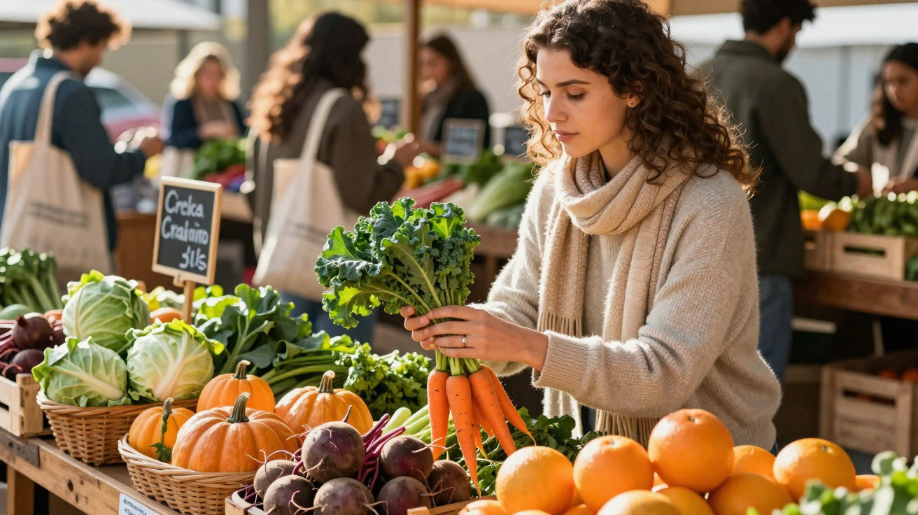 Mulher a escolher cenouras num mercado ao ar livre com diversas frutas e legumes frescos à volta.