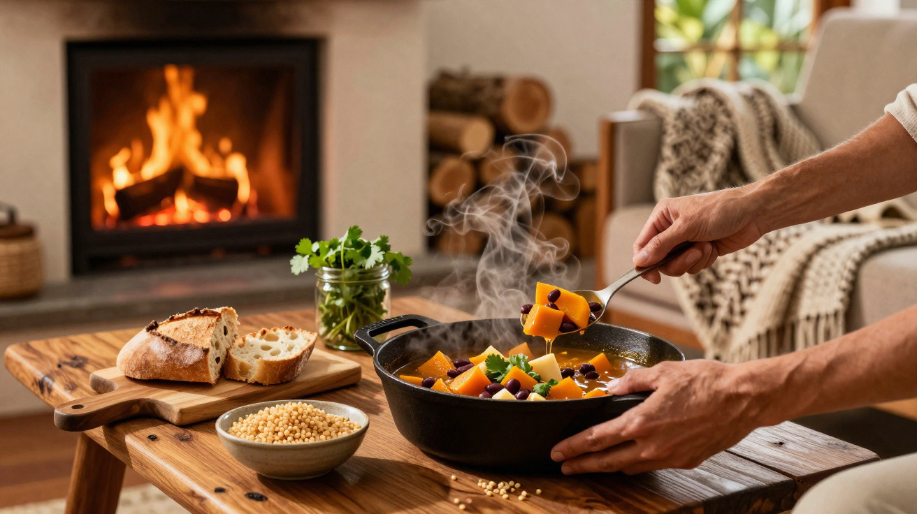 Pessoa a servir sopa quente com legumes num tacho, com pão e fogo na lareira ao fundo.