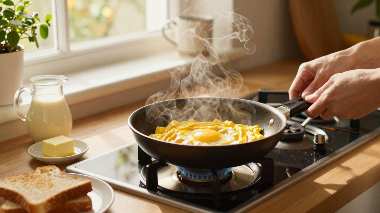 Frigideira no fogão com ovos a cozinhar, mãos a segurarem a pega, junto com pão, manteiga e leite.