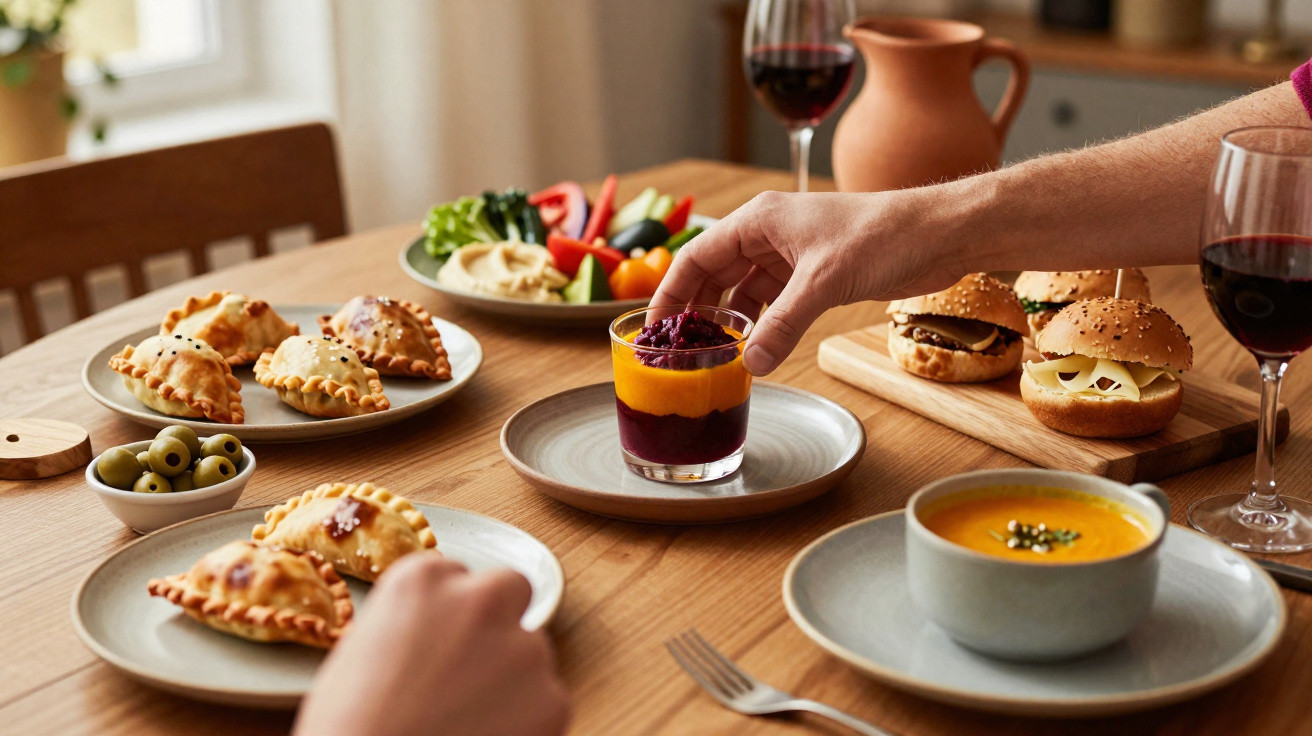 Mesa com vários petiscos, incluindo empadas, hambúrgueres, sopa, legumes, azeitonas e copos de vinho tinto.