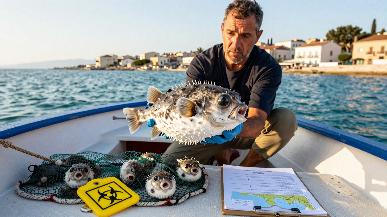 Homem num barco a segurar peixe-balão com outros peixes e equipamento de monitorização marítima no convés.