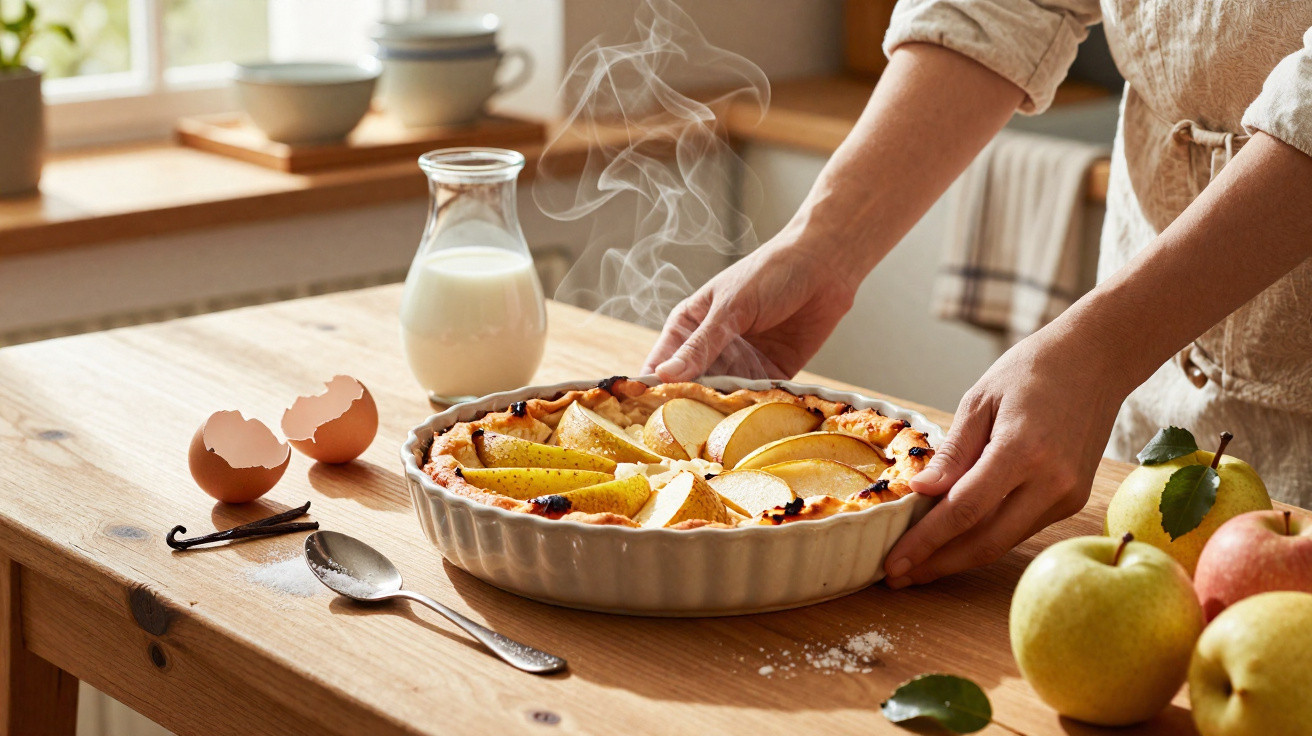Pessoa a retirar do forno tarte morna de maçã e pêra numa cozinha com ingredientes à volta.