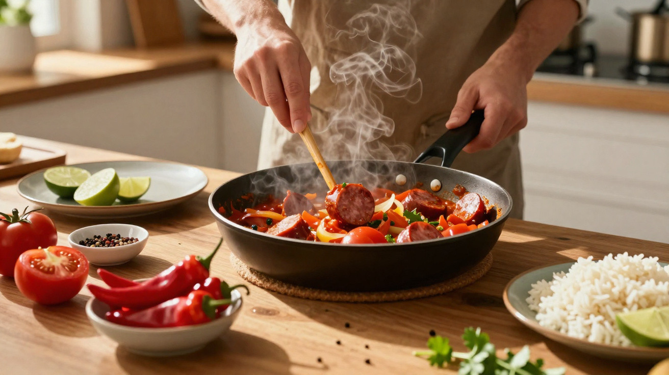 Pessoa a cozinhar chouriço e legumes numa frigideira, com ingredientes frescos numa mesa de madeira.