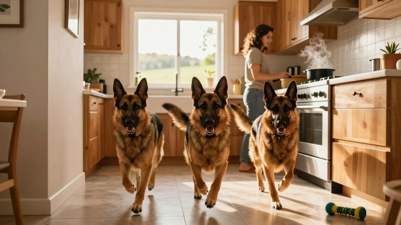 Três cães pastor alemão a correr numa cozinha enquanto uma mulher prepara comida junto ao fogão.
