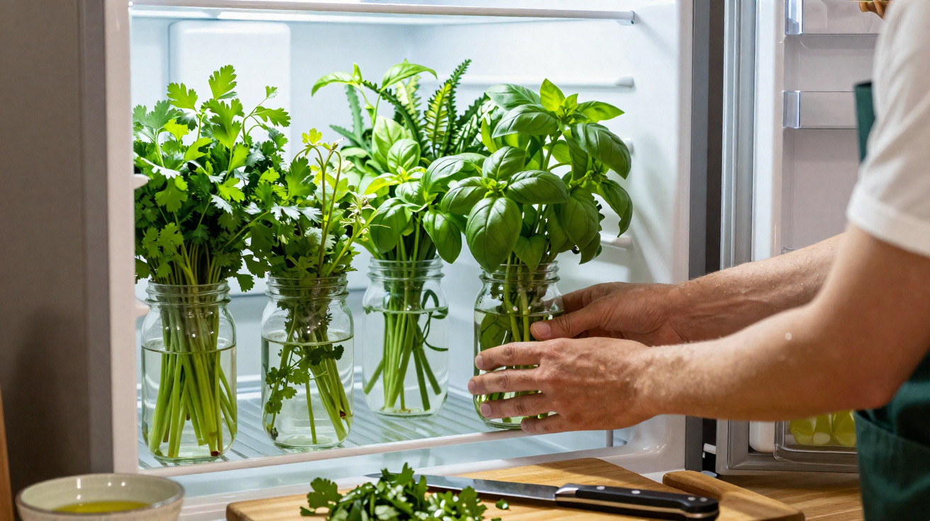 Mãos organizam potes com ervas aromáticas frescas dentro de frigorífico aberto numa cozinha.