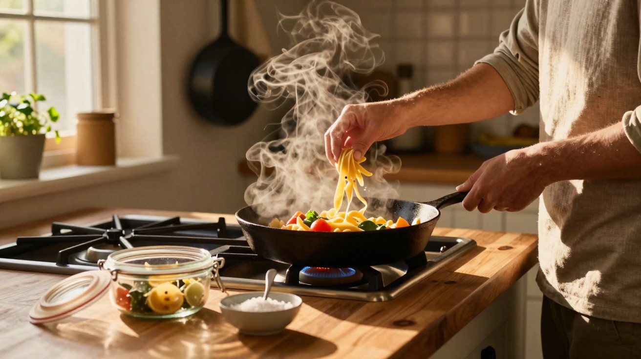 Pessoa a cozinhar massa e legumes numa frigideira com vapor a subir numa cozinha iluminada.