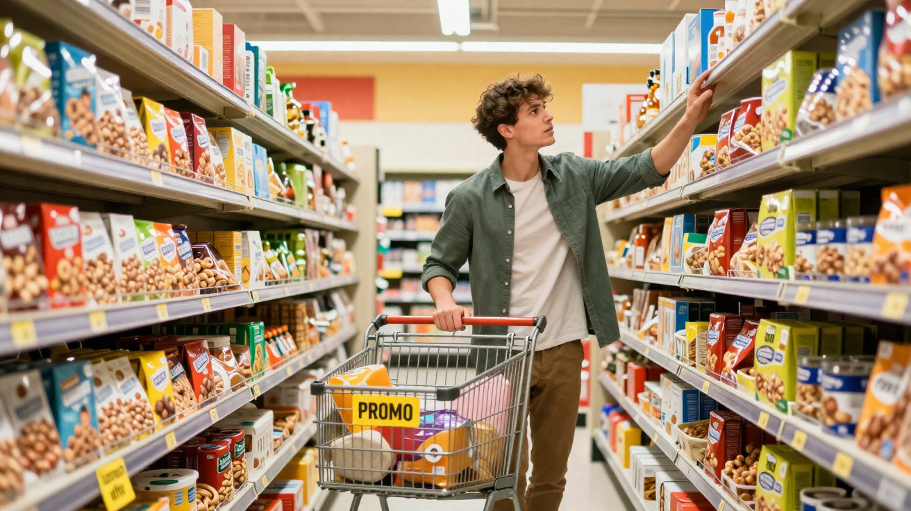Homem a fazer compras num supermercado a escolher produtos numa prateleira, carrinho com produtos em promoção.