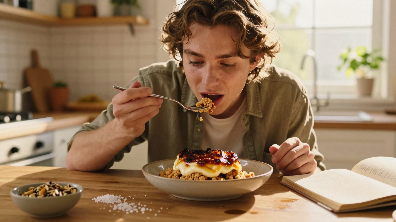Jovem a comer cereais com frutas e sementes numa cozinha iluminada pela luz natural.