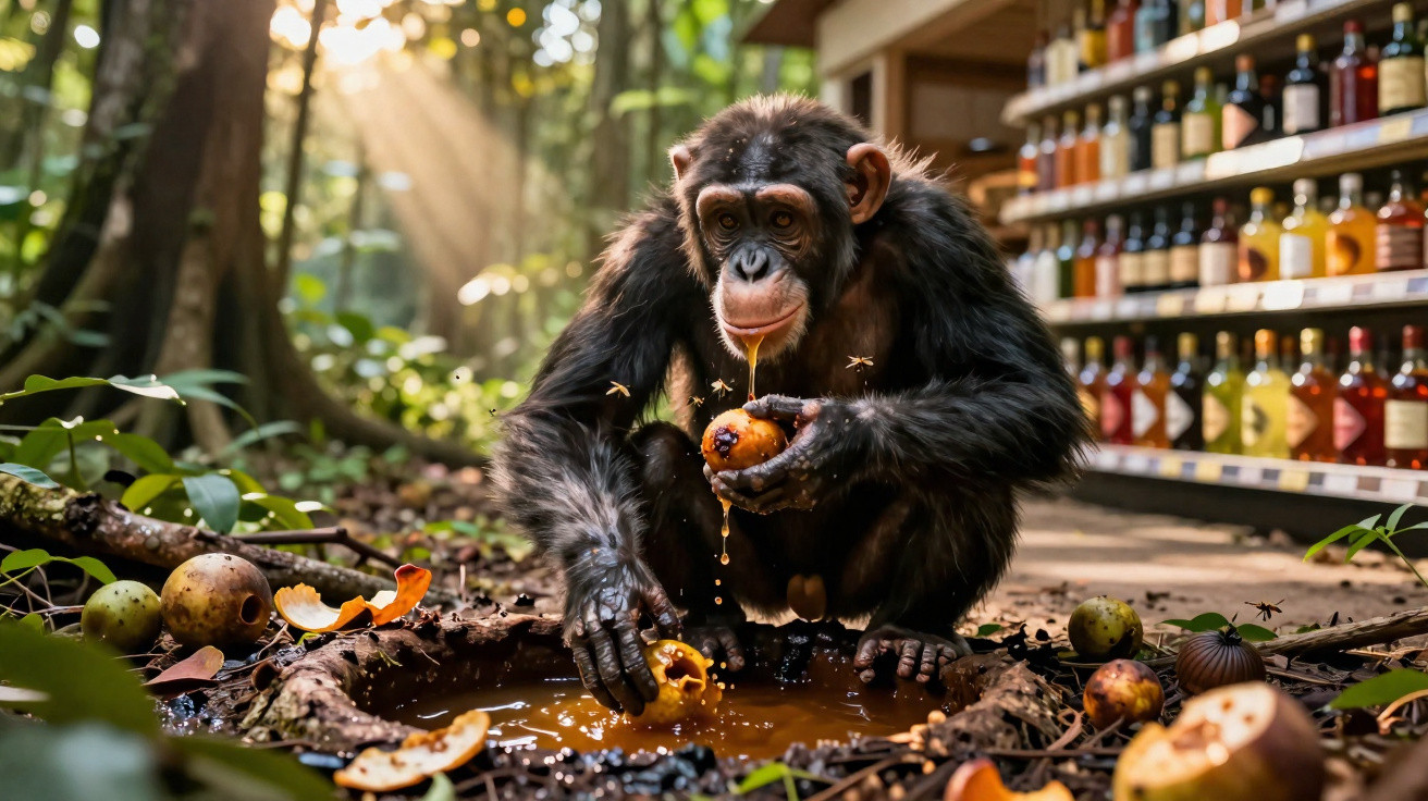 Chimpanzé a comer fruta madura perto de um lagar de azeite com prateleiras de garrafas ao fundo.