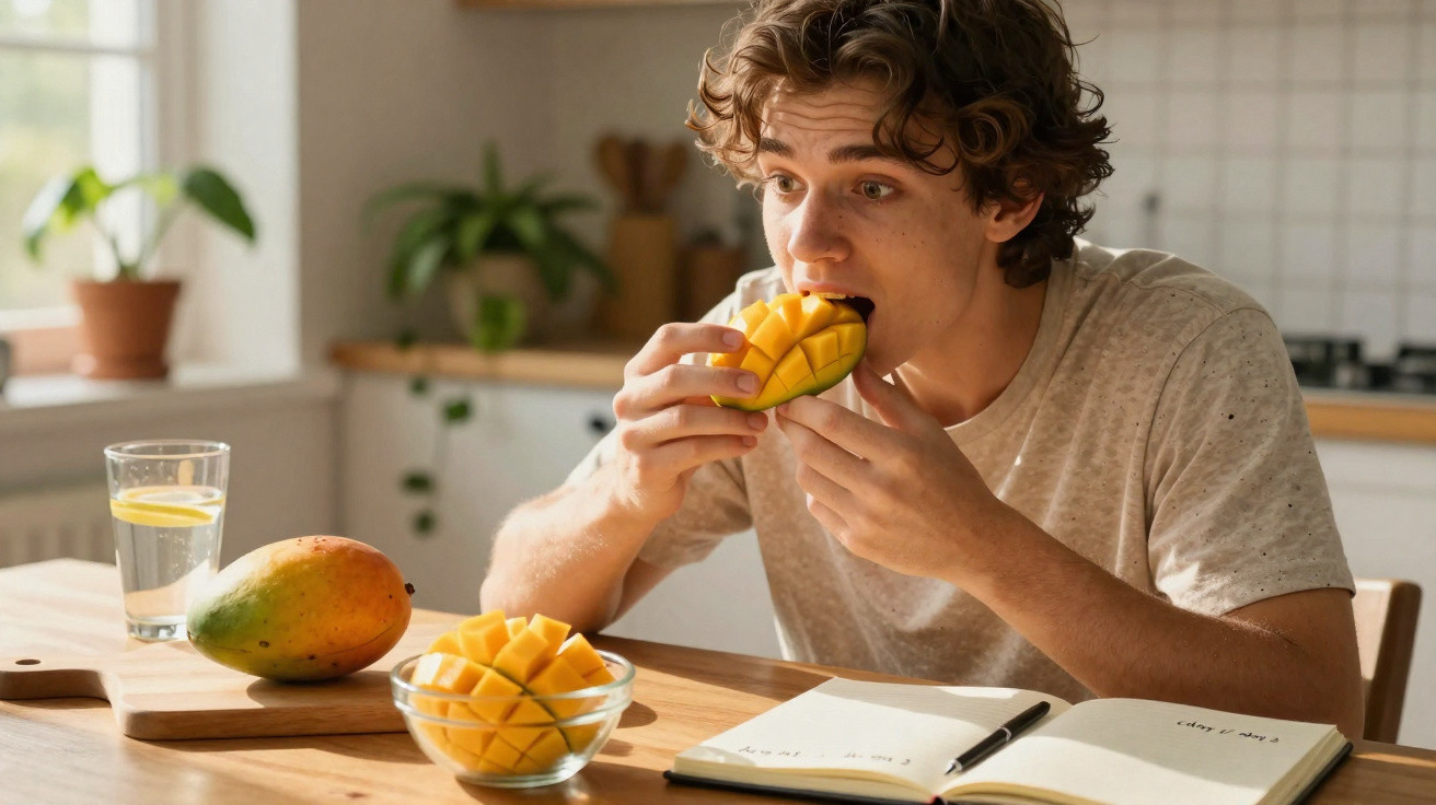 Jovem a comer manga na cozinha, sentado à mesa com caderno aberto e copo de água com limão.