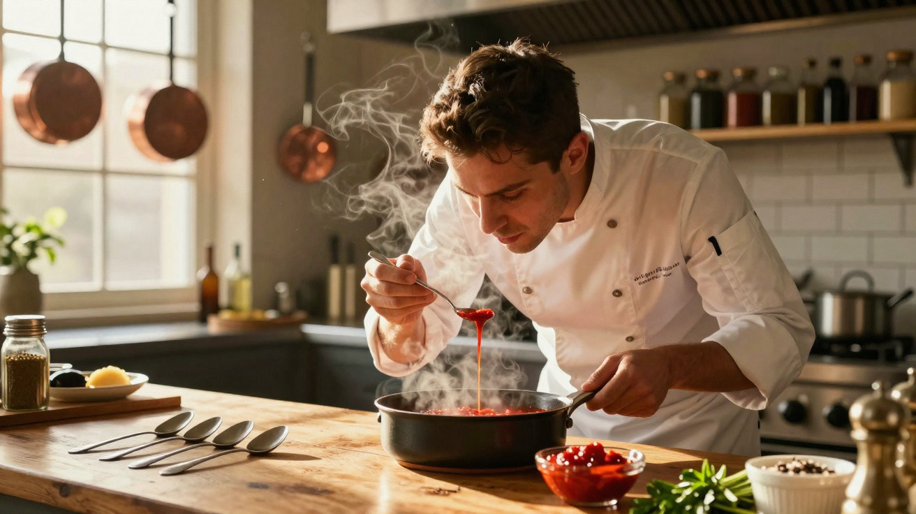 Chef a examinar e provar molho fresco fumegante numa frigideira numa cozinha moderna.