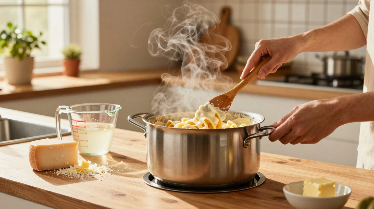 Pessoa mexe massa com molho num tacho a ferver numa cozinha com queijo e manteiga na bancada.