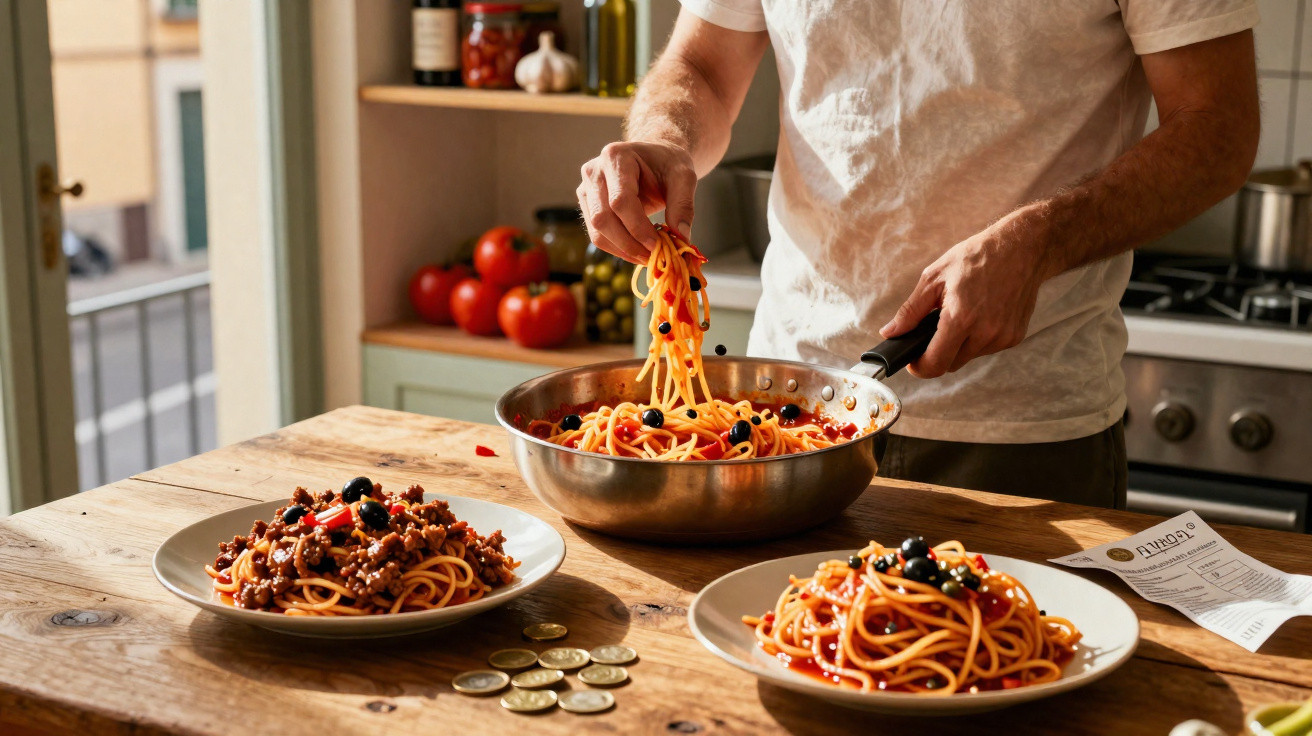Pessoa a servir esparguete com molho de tomate e azeitonas em pratos numa cozinha acolhedora.
