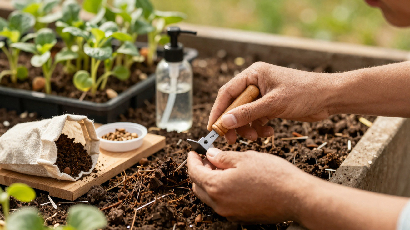 Mãos a usar ferramenta para jardinagem num canteiro com sementes, terra e plantas jovens ao fundo.