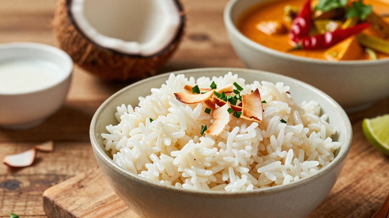 Tigela de arroz branco com pedaços de coco tostado e cebolinha, coco partido e caril ao fundo.