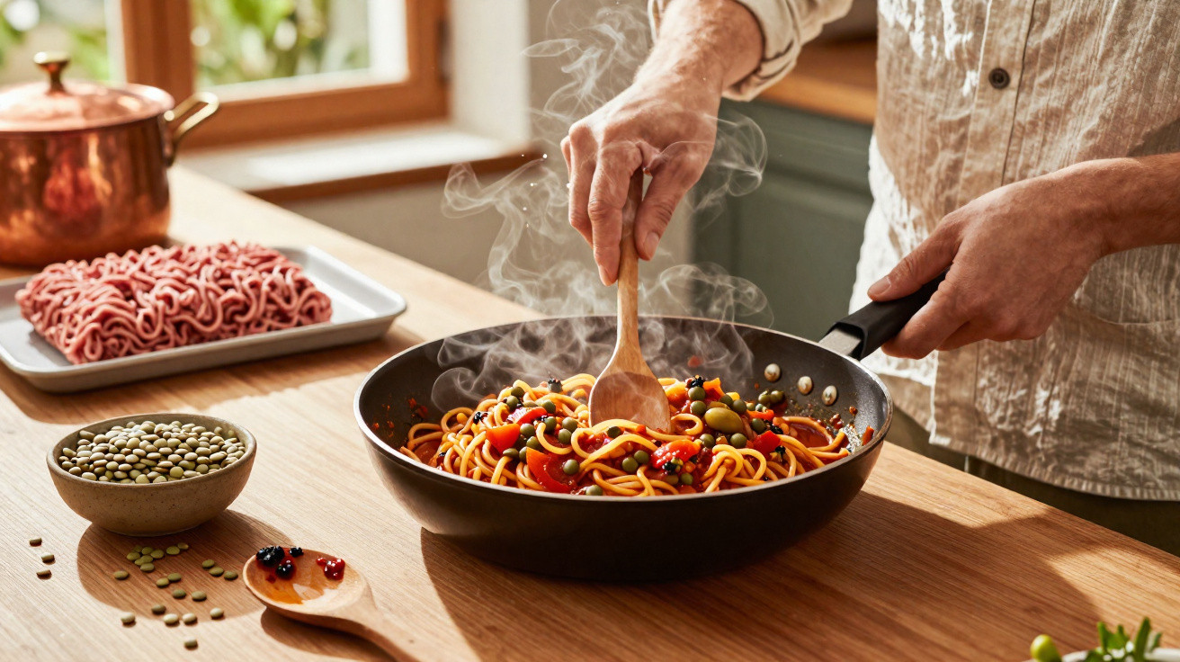 Pessoa a mexer esparguete com legumes e lentilhas numa frigideira fumegante, com carne picada ao lado.