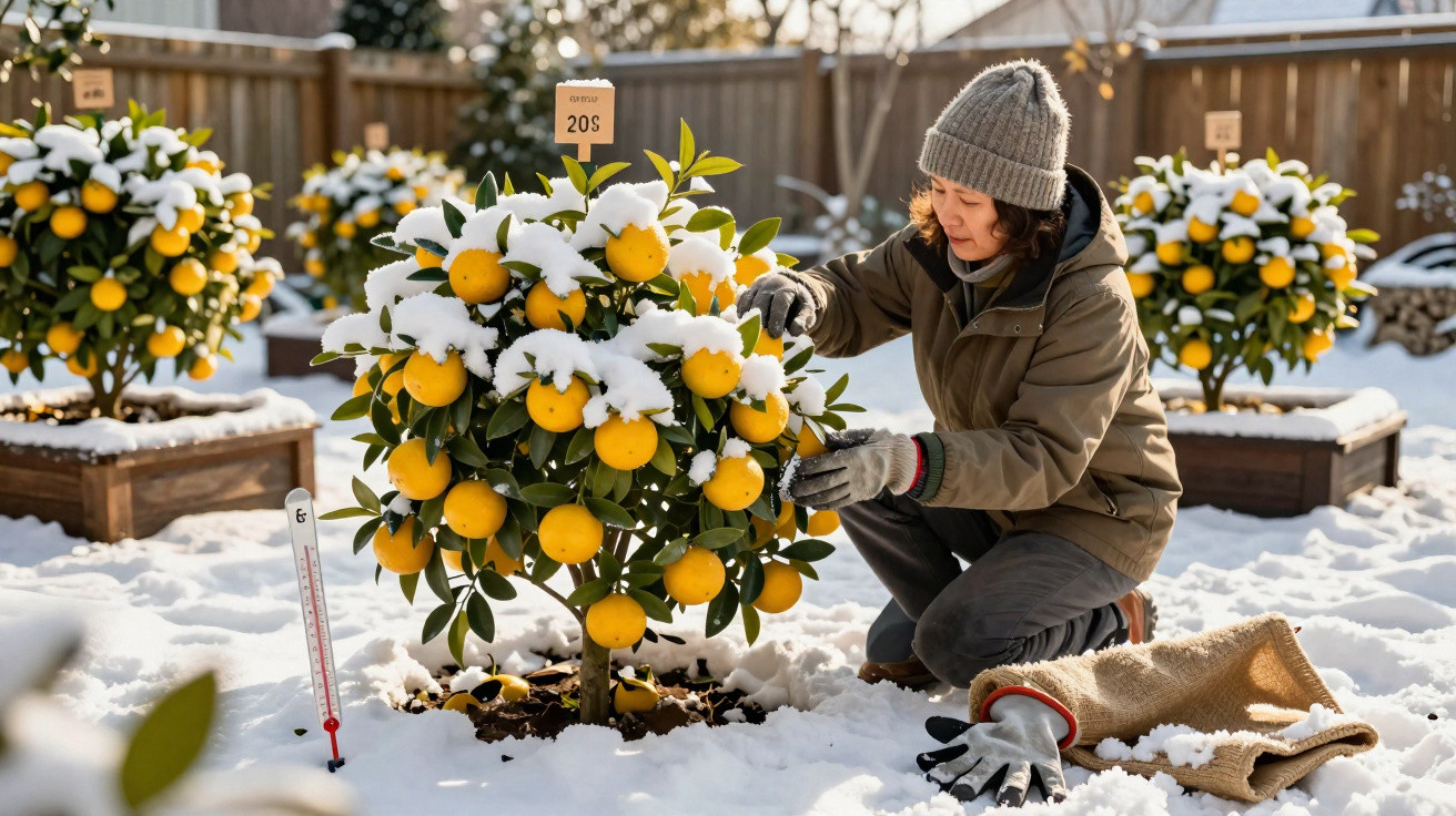 Pessoa a cuidar de árvore de laranjas com neve no tronco e solo, vestida com roupa quente e gorro cinzento.
