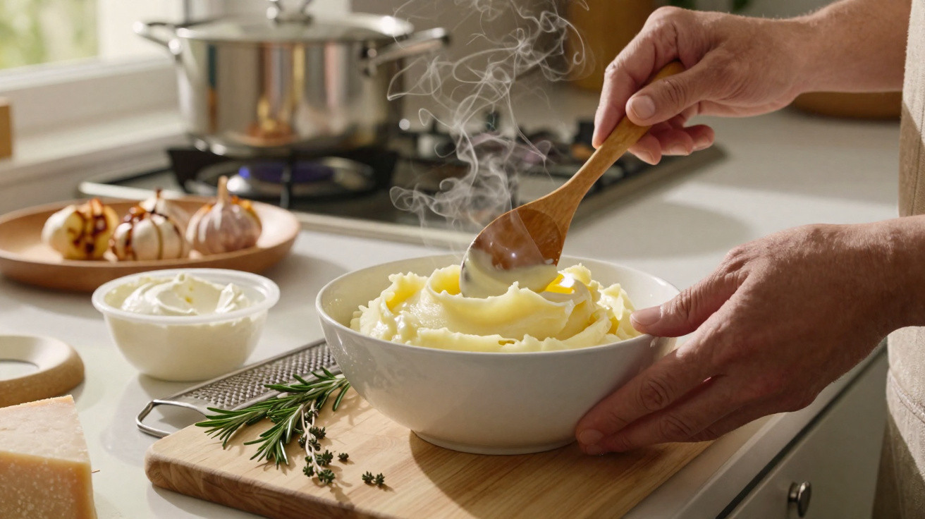 Mãos a mexer puré de batata quente numa tigela branca numa cozinha luminosa com ervas frescas e ingredientes.