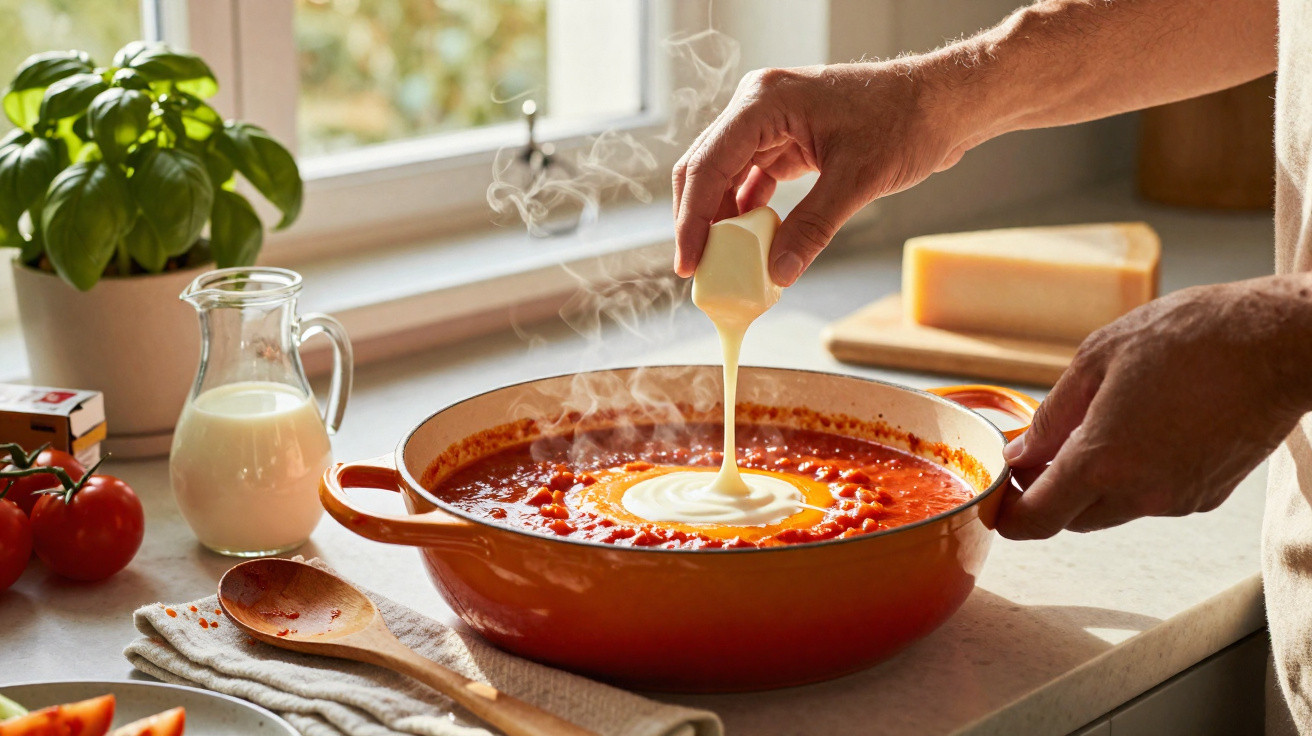 Mãos a derreter queijo numa panela laranja com molho de tomate quente na cozinha iluminada pela janela.