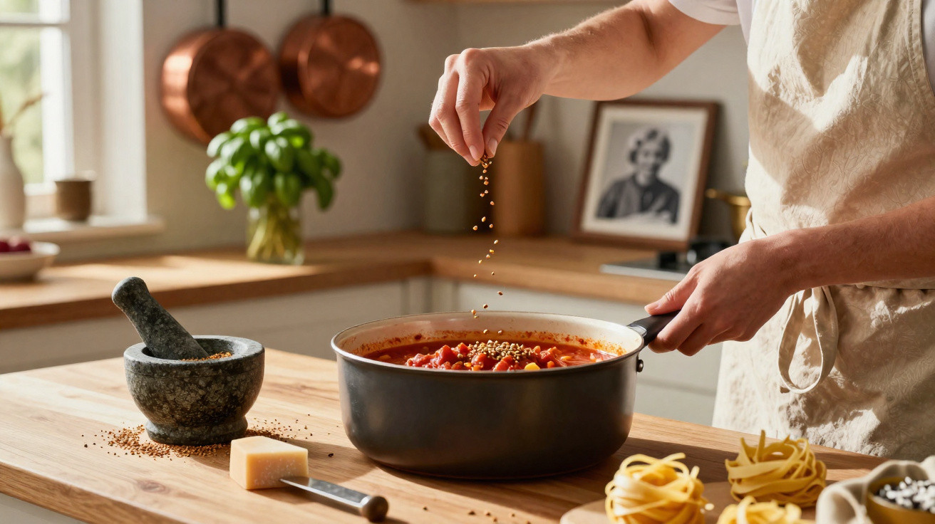 Pessoa adiciona especiarias a molho de tomate numa panela na cozinha, com massa e queijo próximo.