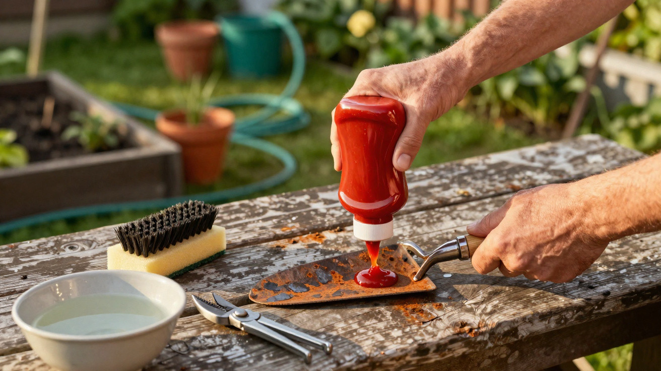 Pessoa a aplicar ketchup numa chapa metálica oxidada numa mesa de madeira ao ar livre.