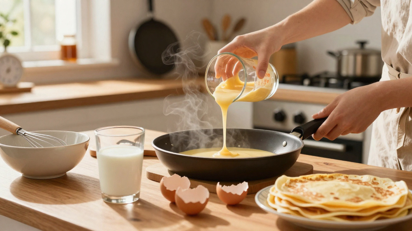 Pessoa a verter mistura de ovos numa frigideira para fazer panquecas numa cozinha iluminada.