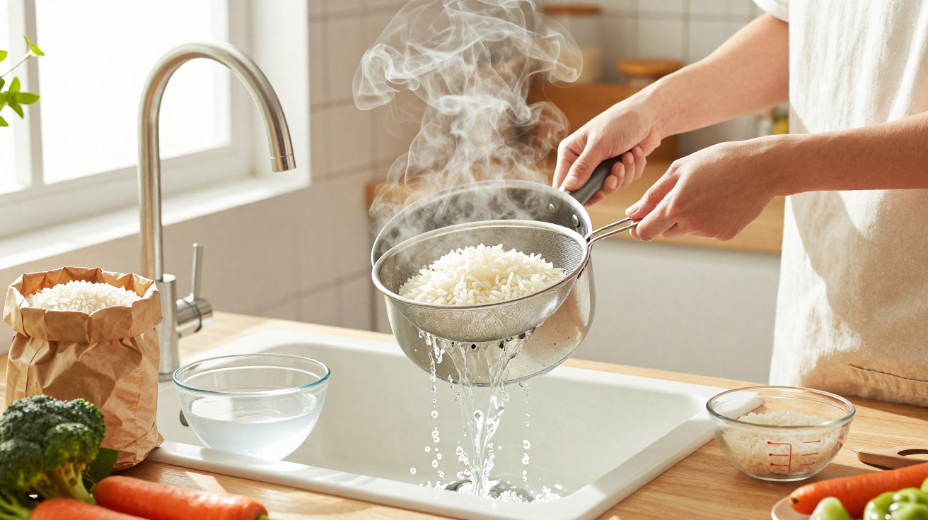 Pessoa a escorrer arroz quente num passador sobre uma pia de cozinha moderna.