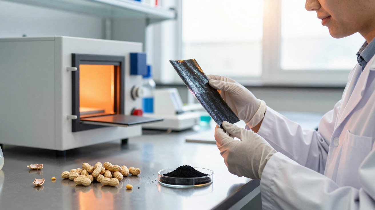 Cientista a analisar amostra de carvão ativado feito de cascas de amendoim num laboratório.