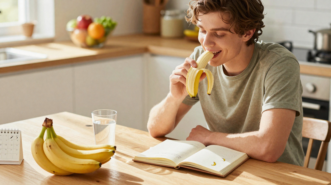 Jovem a comer uma banana sentada à mesa da cozinha com uma garrafa de água e um caderno aberto.