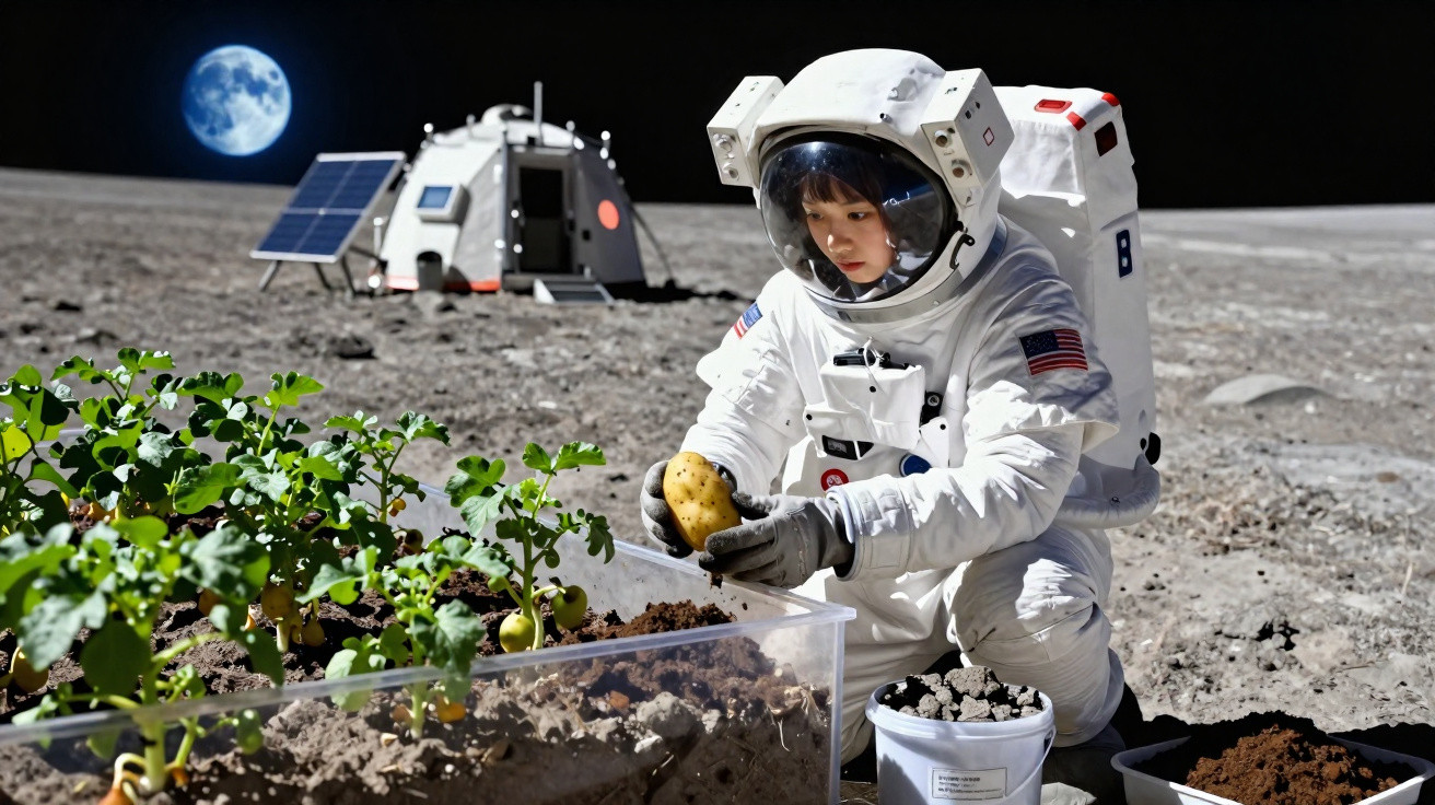 Astronauta a colher batatas de uma estufa na superfície lunar com a Terra ao fundo.