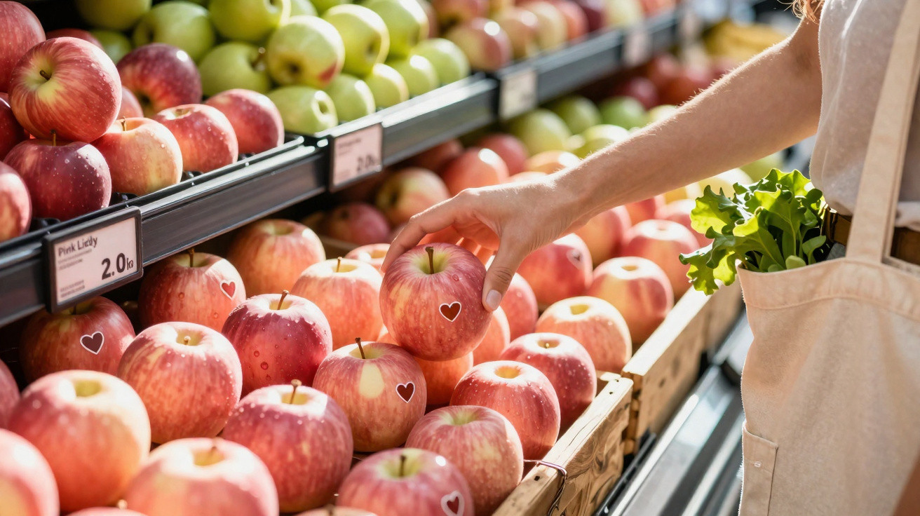 Pessoa a escolher maçã num supermercado, com sacola contendo folhas verdes ao lado.