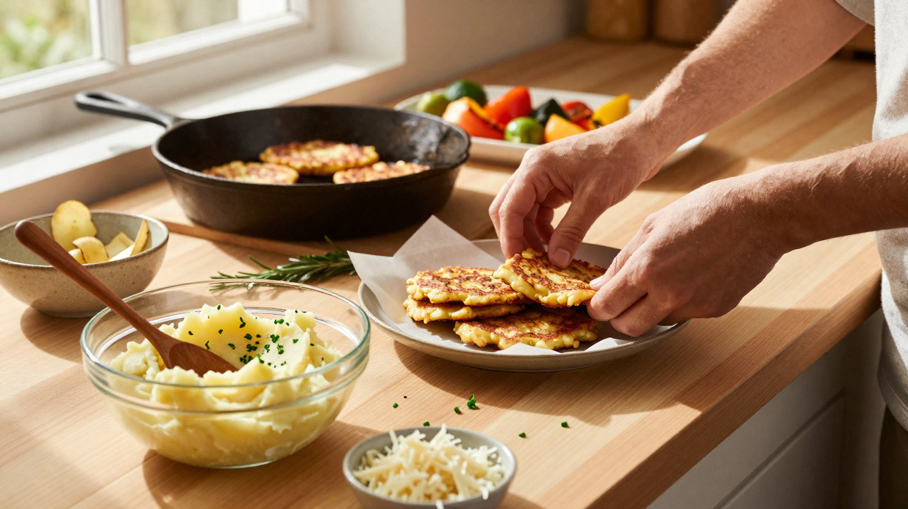 Mãos a colocar tortilhas douradas num prato, com puré e legumes sobre bancada de cozinha.