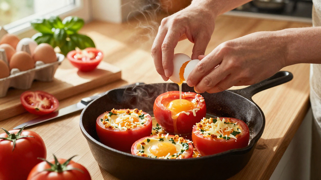 Mãos a partir ovos dentro de tomates recheados com queijo numa frigideira preta numa cozinha iluminada.