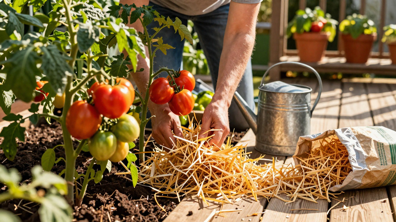 Pessoa a colocar palha junto a plantas de tomate num jardim com regador metálico ao lado.