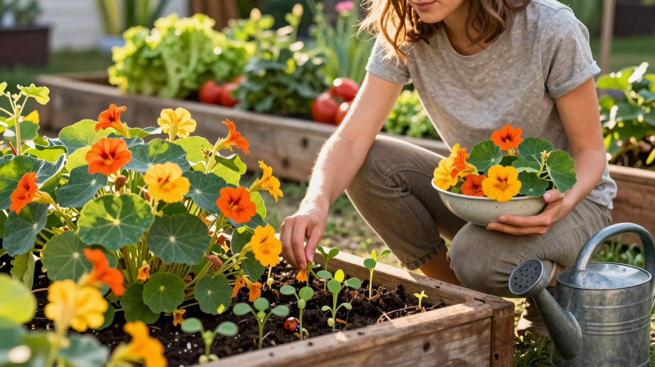 Pessoa a cuidar de plantas com flores laranja e amarelas num canteiro de madeira num jardim.