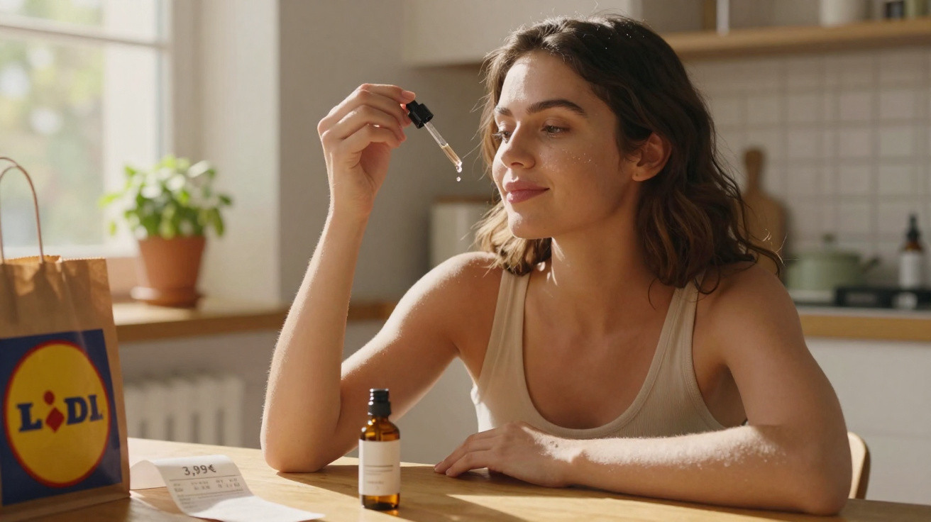 Mulher aplica sérum facial com conta-gotas sentada à mesa numa cozinha iluminada.