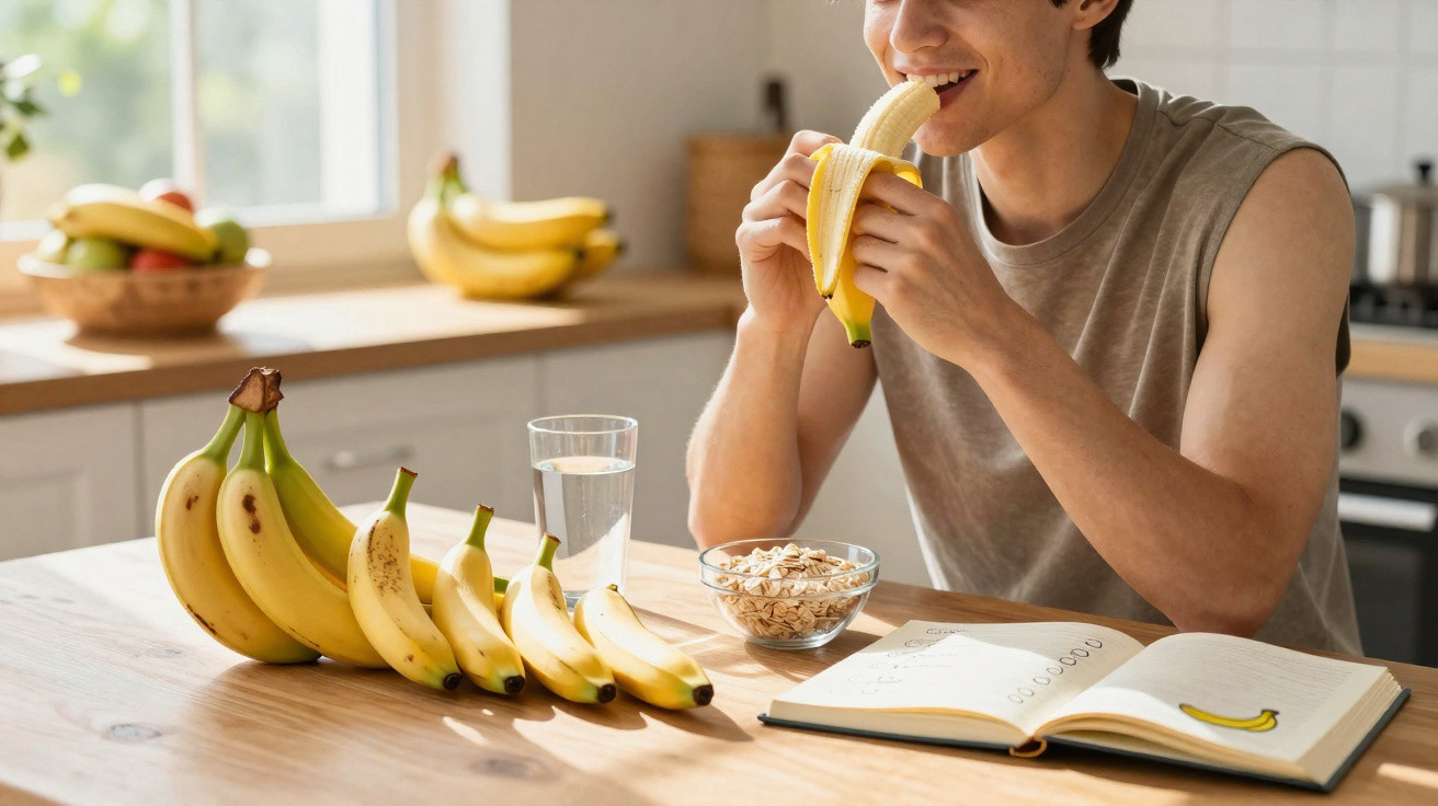 Homem sentado à mesa a comer uma banana, com várias bananas, um copo de água, aveia e um livro aberto à sua frente.