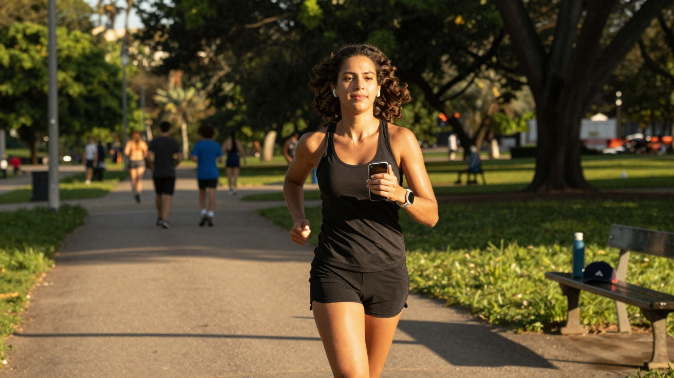 Mulher a correr num parque com roupa desportiva preta, segurando um telemóvel e ao sol.