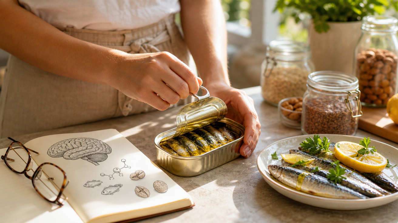 Pessoa a abrir lata de sardinhas em óleo numa cozinha com livro aberto, prato com sardinhas e limão.