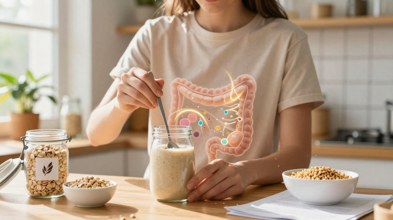 Pessoa a mexer iogurte com ilustração digital do intestino e alimentos saudáveis numa cozinha.